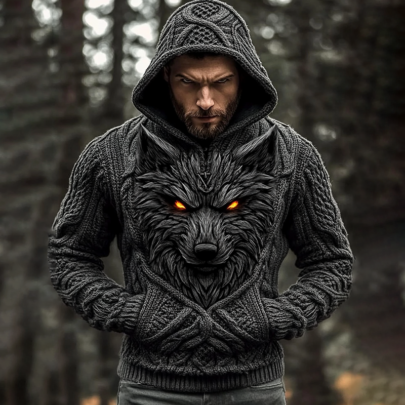 Men's Viking Tribal Wolf Jacquard Celtic Inspired Cozy Hooded Sweater artswardrobe