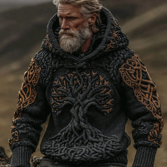 Men's Viking Tree Of Life Art Celtic Knot Jacquard Knitted Hooded Sweater elevenforest