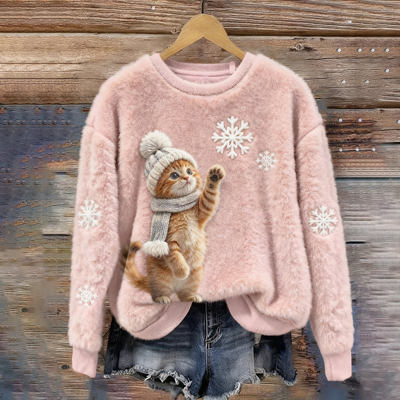 Comstylish Cute Cat Snowflake Embroidery Plush Warm Crew Neck Sweater