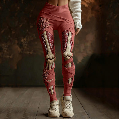 Comstylish Classy Roses Skeleton Anatomy Sequins Bandages Cozy Knit Leggings