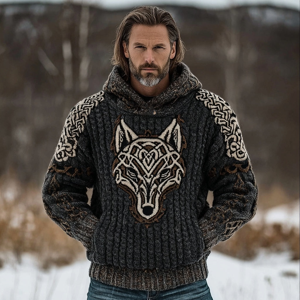 Men's Viking Wolf Celtic Vintage Cozy Hooded Sweater artswardrobe