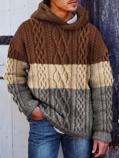 Men's Retro Colorblock Celtic Cable Knit Cozy Hooded Sweater elevenforest