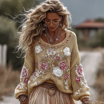 Classic Rose In Gradient Yellow Art Cozy Knit Round Neck Sweater And Linen Skirt Two-piece Set artswardrobe