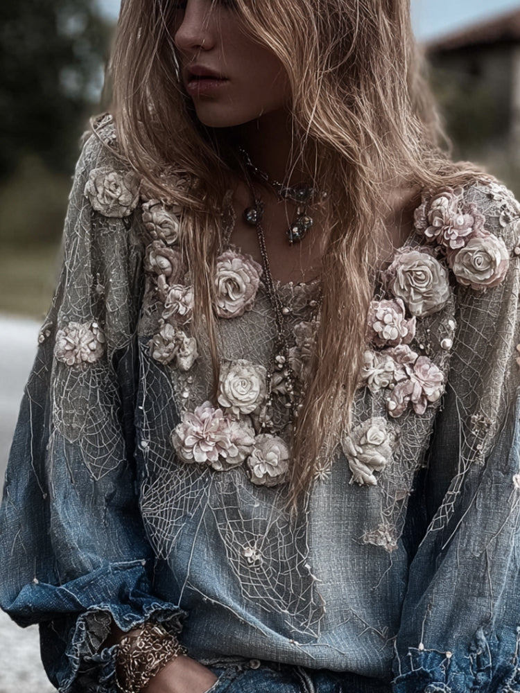 Comstylish Pink Rose And Melancholy Blue Casual Long-sleeved Top