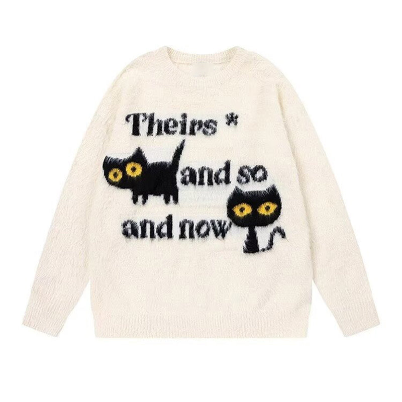 Abstract Cute Black Cat Graphic Jacquard Art Fuzzy Knit Unisex Sweater artswardrobe
