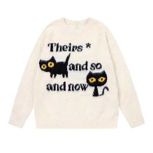 Abstract Cute Black Cat Graphic Jacquard Art Fuzzy Knit Unisex Sweater artswardrobe
