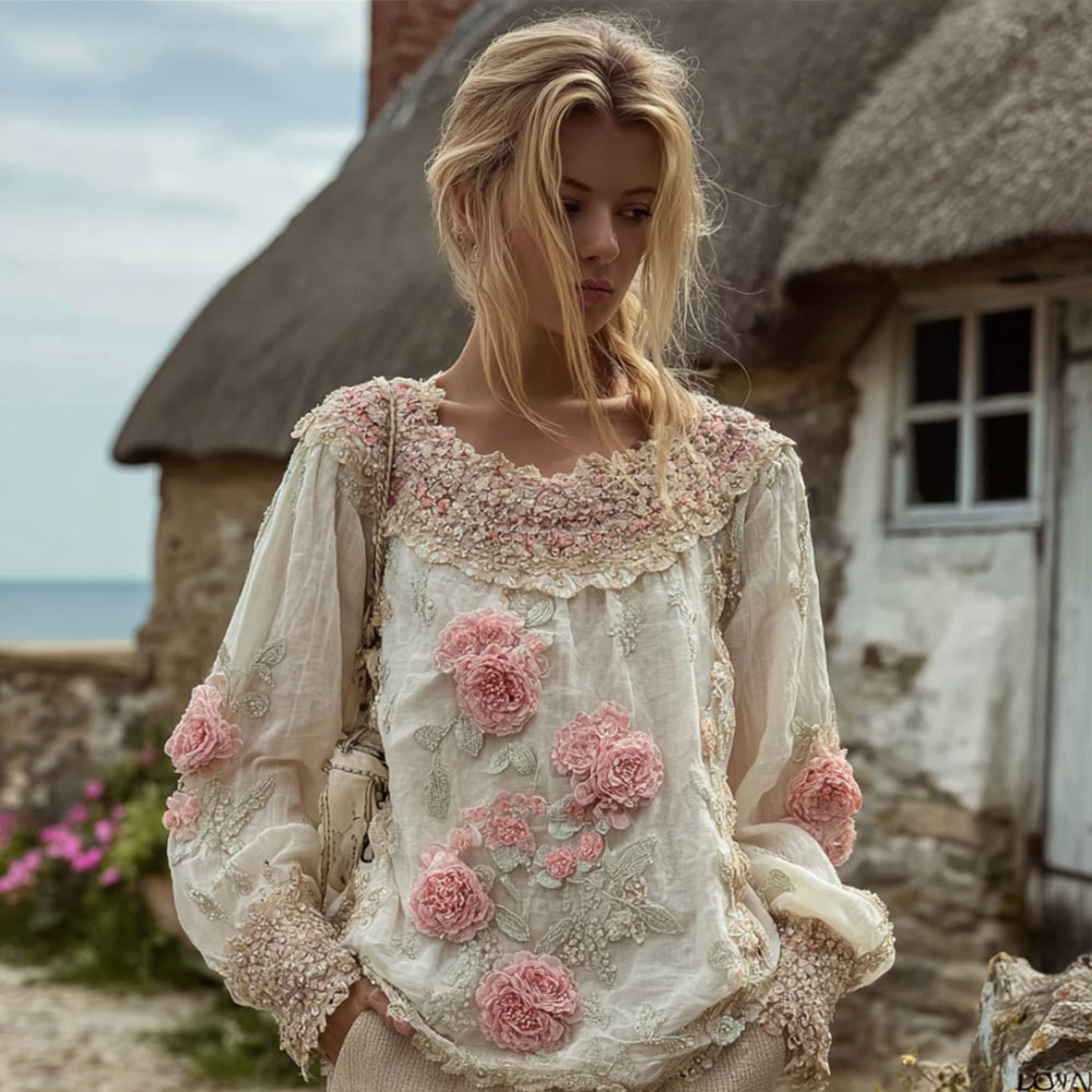 Comstylish Bohemian Vintage Slightly Wrinkled Cotton And Linen Round-neck Top