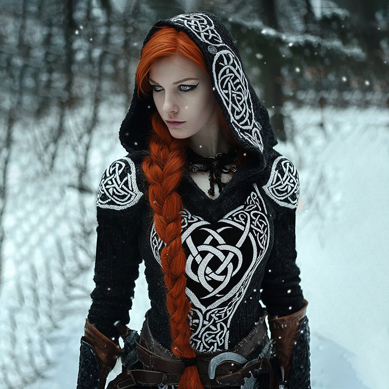 Viking Runes Inspired Celtic Knot Jacquard Hooded Sweater（accessories Not Included） artswardrobe