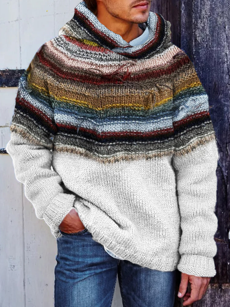 Men's Retro Colorful Fringe Yoke Cozy Hooded Sweater elevenforest
