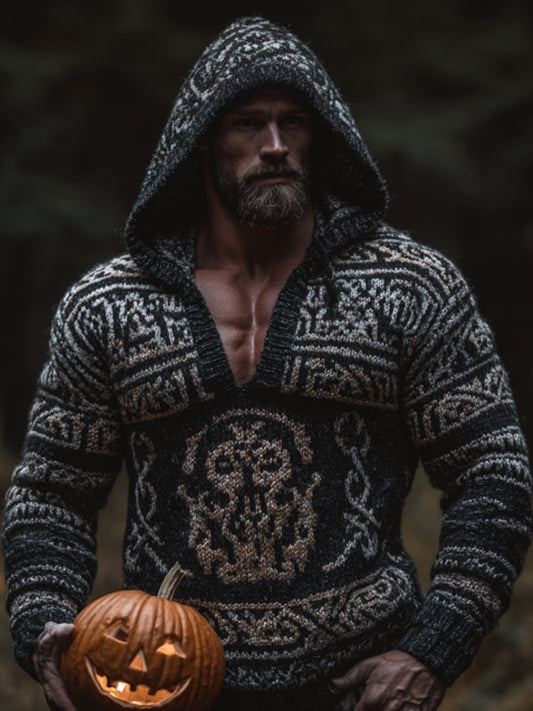Men's Vintage Viking Halloween Embroidered Hooded Sweater elevenforest