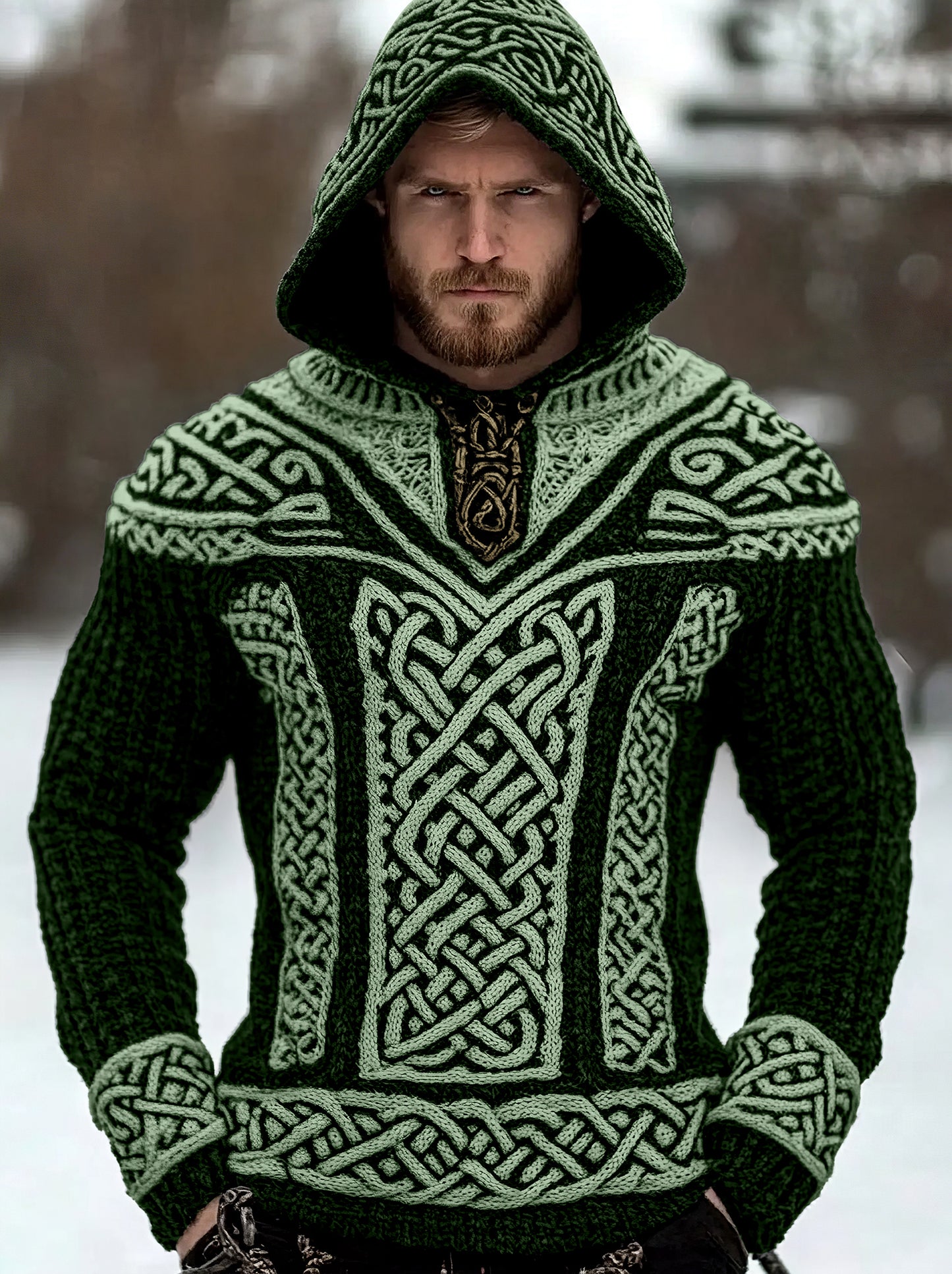 Men's Viking Tribal Jacquard Celtic Hooded Sweater elevenforest