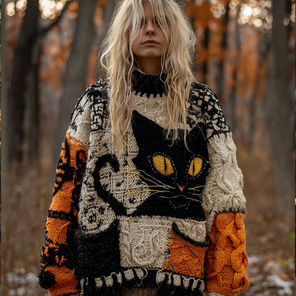 Women's Halloween Cat-cat Patchwork Round-neck Sweater artswardrobe
