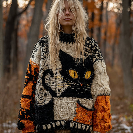 Women's Halloween Cat-cat Patchwork Round-neck Sweater artswardrobe