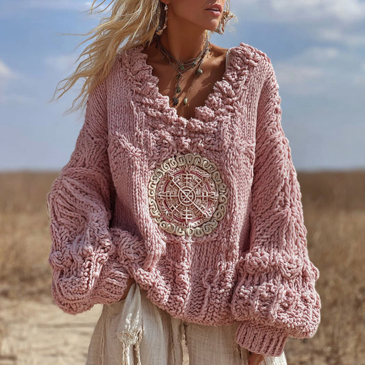 Vintage Vegvisir Runes V Neck Cozy Cable Chunky Knit Sweater artswardrobe