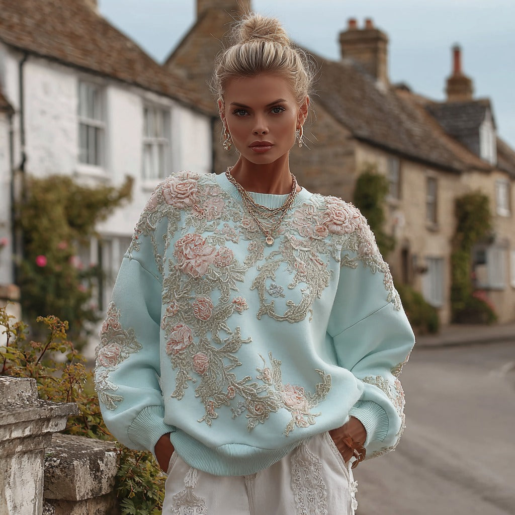 Comstylish Women's Retro Bohemian Floral Embroidery Casual Crew Neck Sweatshirt