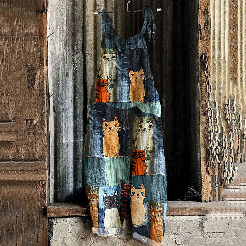 Casual Pop Cat Patchwork Cotton Linen Jumpsuits elevenforest