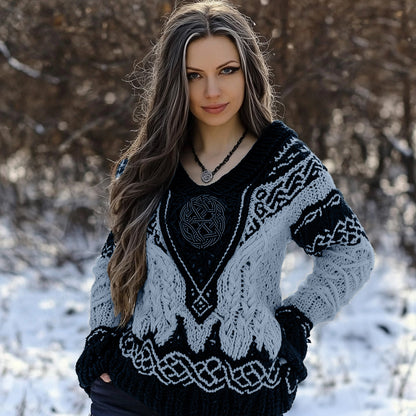 Women's Viking Rune Knit Jacquard V-neck Sweater elevenforest