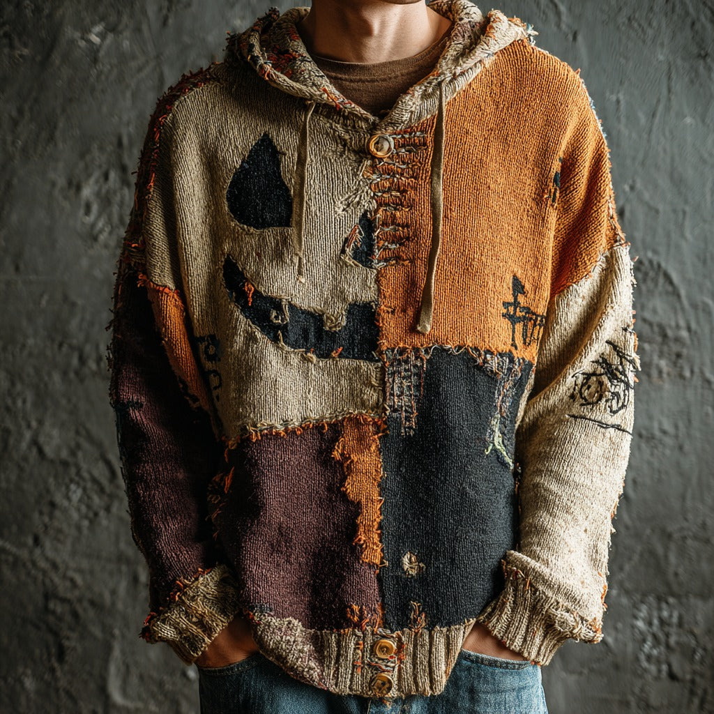 Men's Halloween Pumpkin Face Colorblock Stitched Cozy Knit Hooded Sweater elevenforest