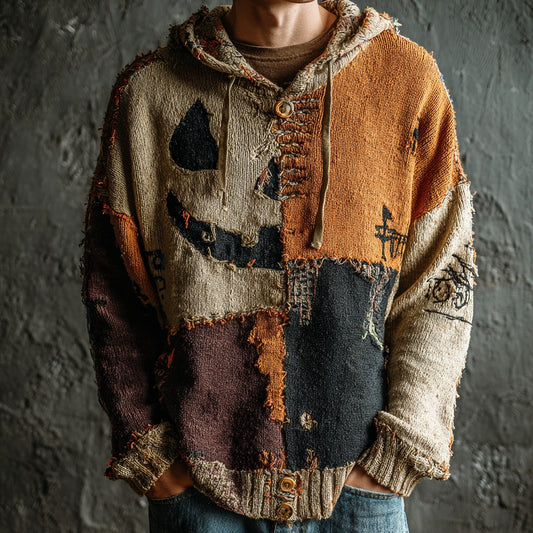 Men's Halloween Pumpkin Face Colorblock Stitched Cozy Knit Hooded Sweater elevenforest