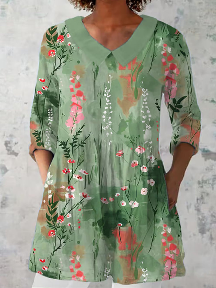 Comstylish Women's Artistic Floral Print Casual Lapel Shirt