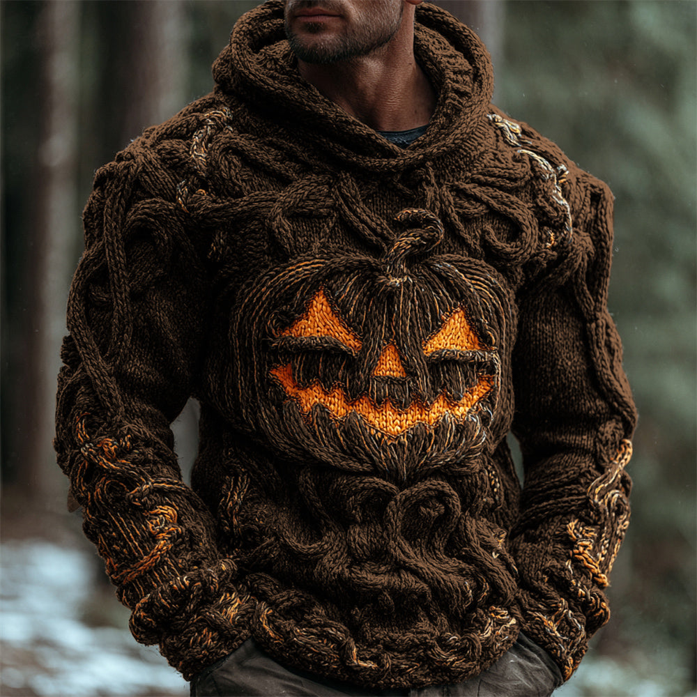 Halloween Pumpkin Emoji Men's Chunky Knit Hooded Sweater artswardrobe