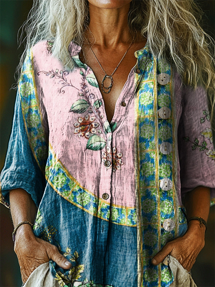 Women's Vintage Bohemian Floral Art Print Casual Cotton Linen Shirt