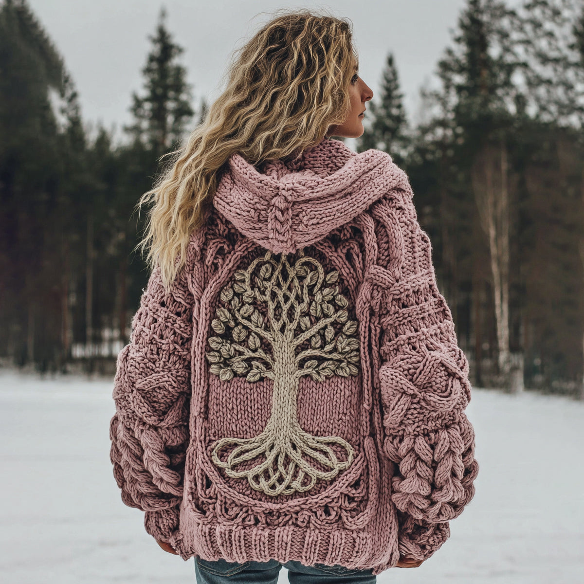 Women's Vintage Viking Tree Of Life Cozy Knit Hooded Sweater artswardrobe