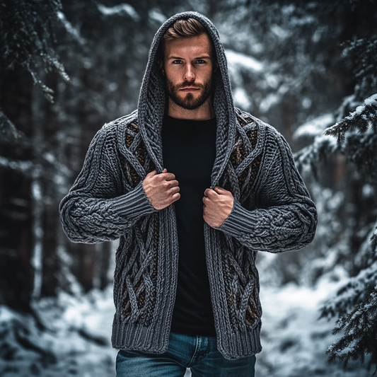 Men's Vintage Celtic Knot Jacquard Chunky Knit Cozy Zip Up Cardigan Sweater artswardrobe