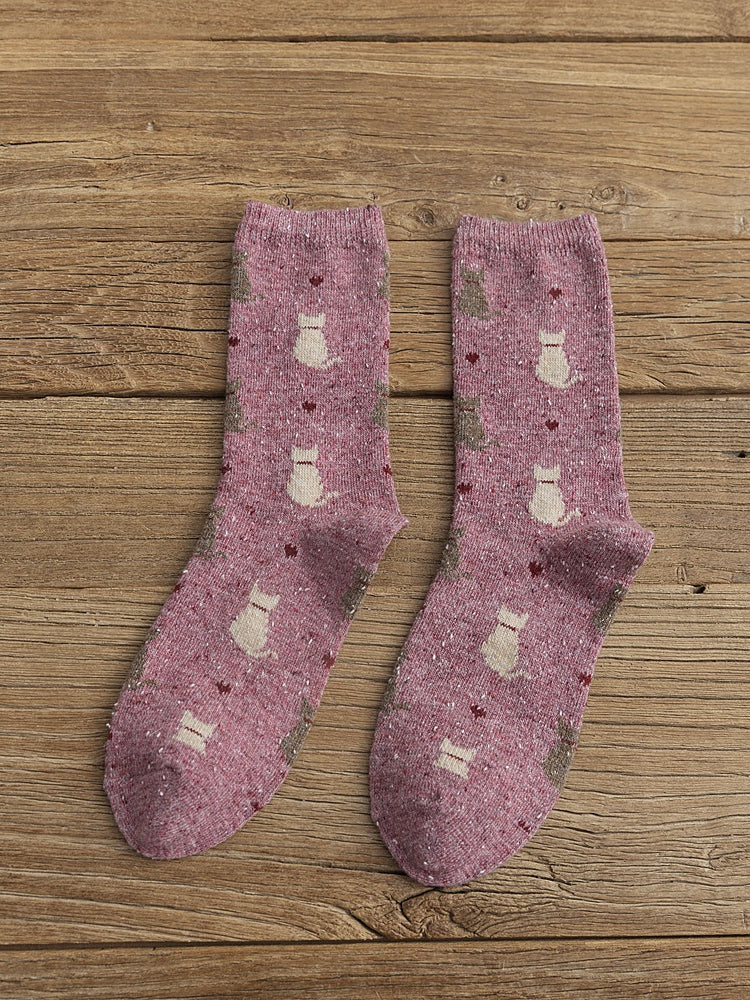 Lovely Cats & Heart Pattern Comfy Knit Socks elevenforest