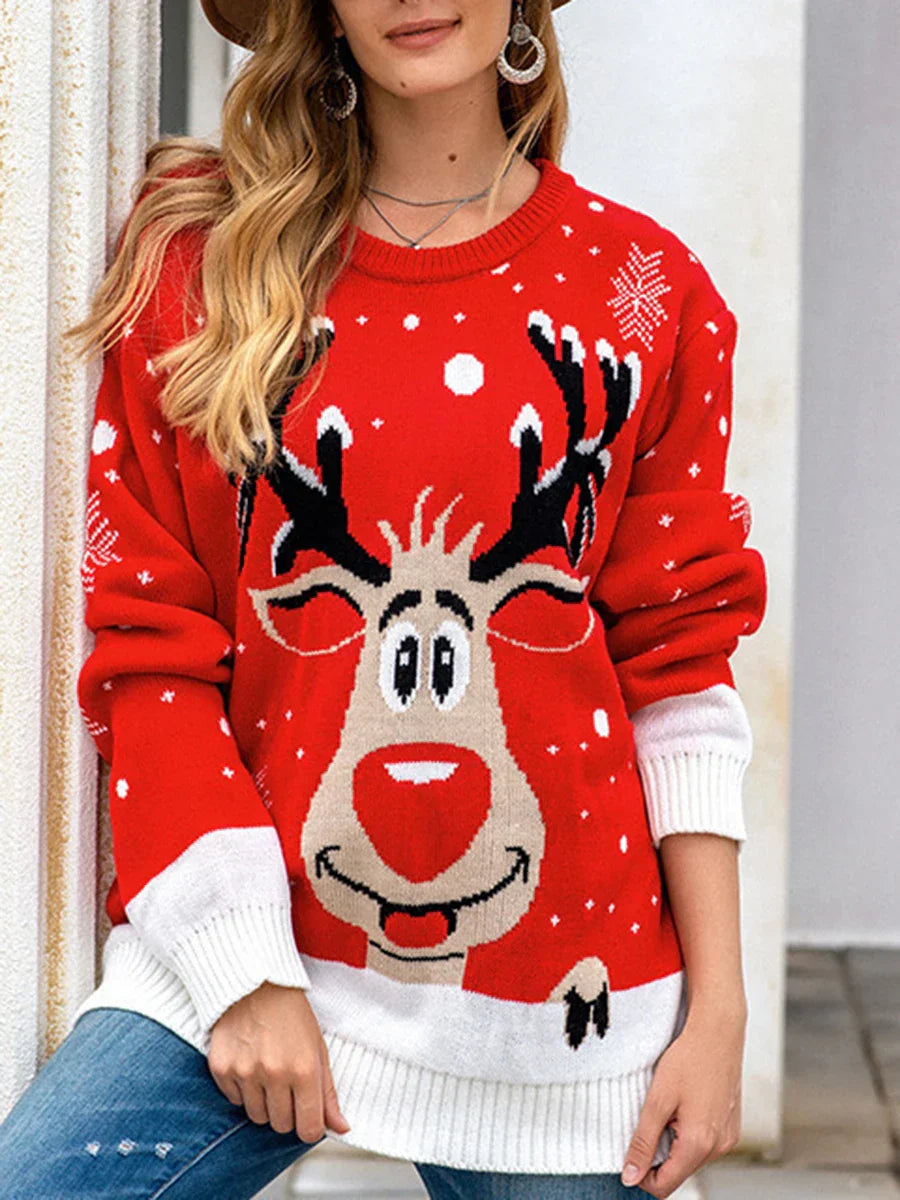Loretta® | Warm women's knitted sweater with a reindeer pattern and a crew neck