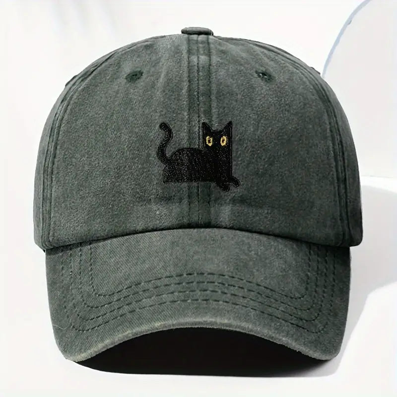 Japanese Art  Cute Black Cat Washed Sun Hat elevenforest