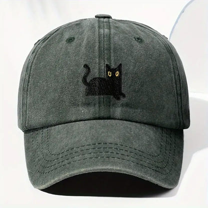 Japanese Art  Cute Black Cat Washed Sun Hat elevenforest