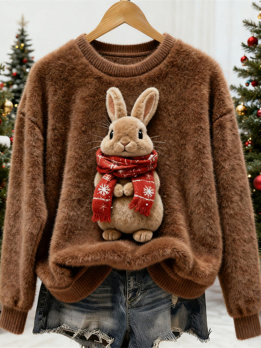 Christmas Rabbit Design Women's Soft Plush Sweater