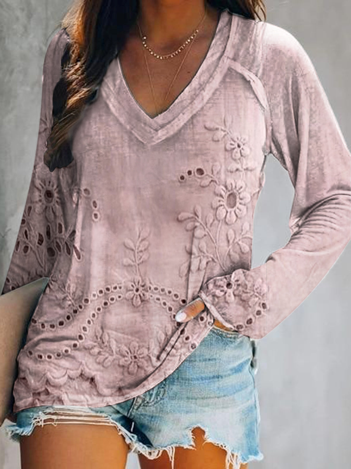 Women's Vintage Floral Texture Art Print V Neck Long Sleeve Tops