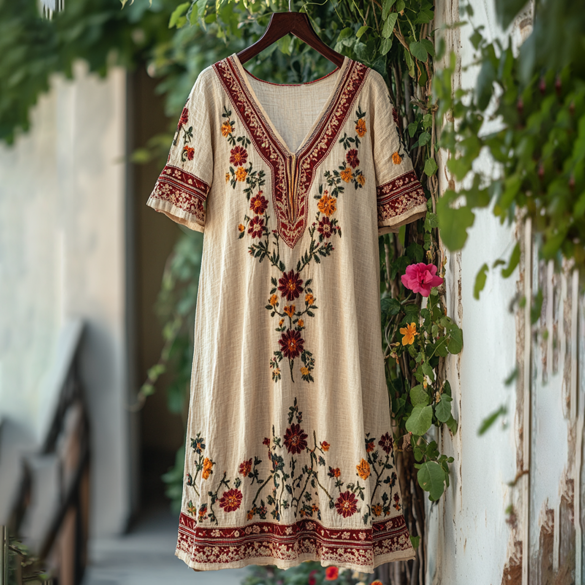 Women's Vintage Embroidered Flower V-neck Linen Blend Midi Dress artswardrobe