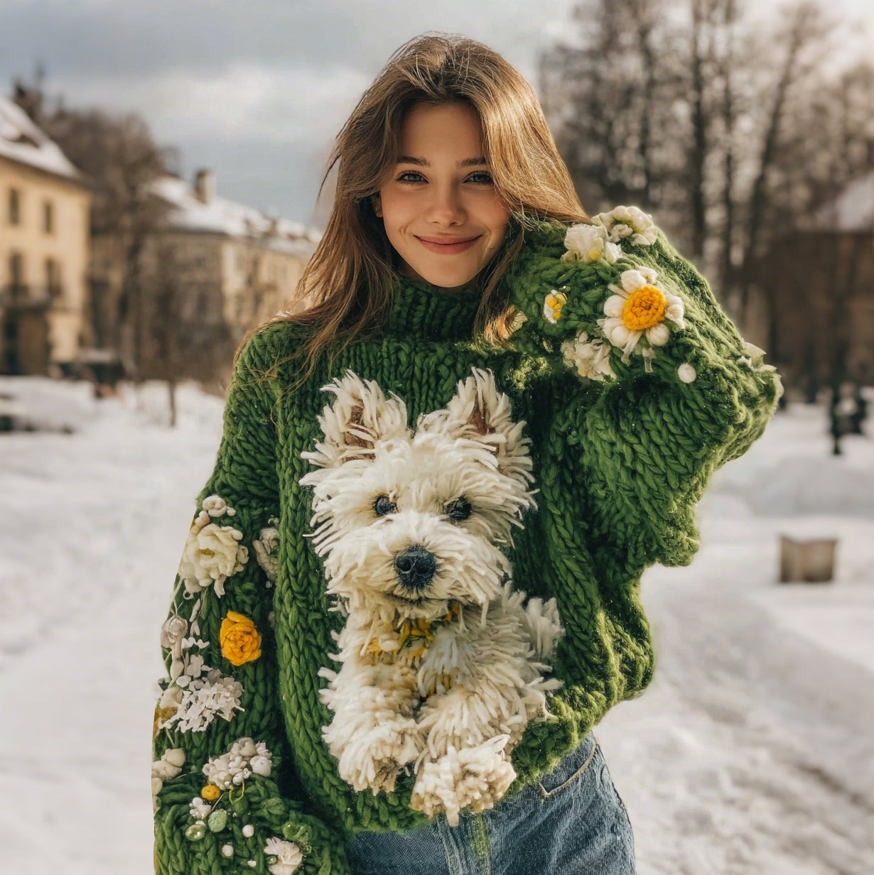 Comstylish West Highland Terrier Puppy Running On Daisy Grass Jacquard Cozy Turtleneck Sweater