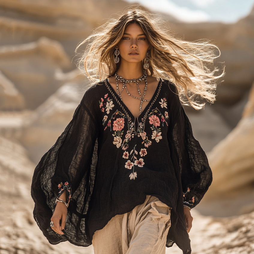Boho Floral Embroidery Print Cotton And Linen Blend Loose Blouse artswardrobe