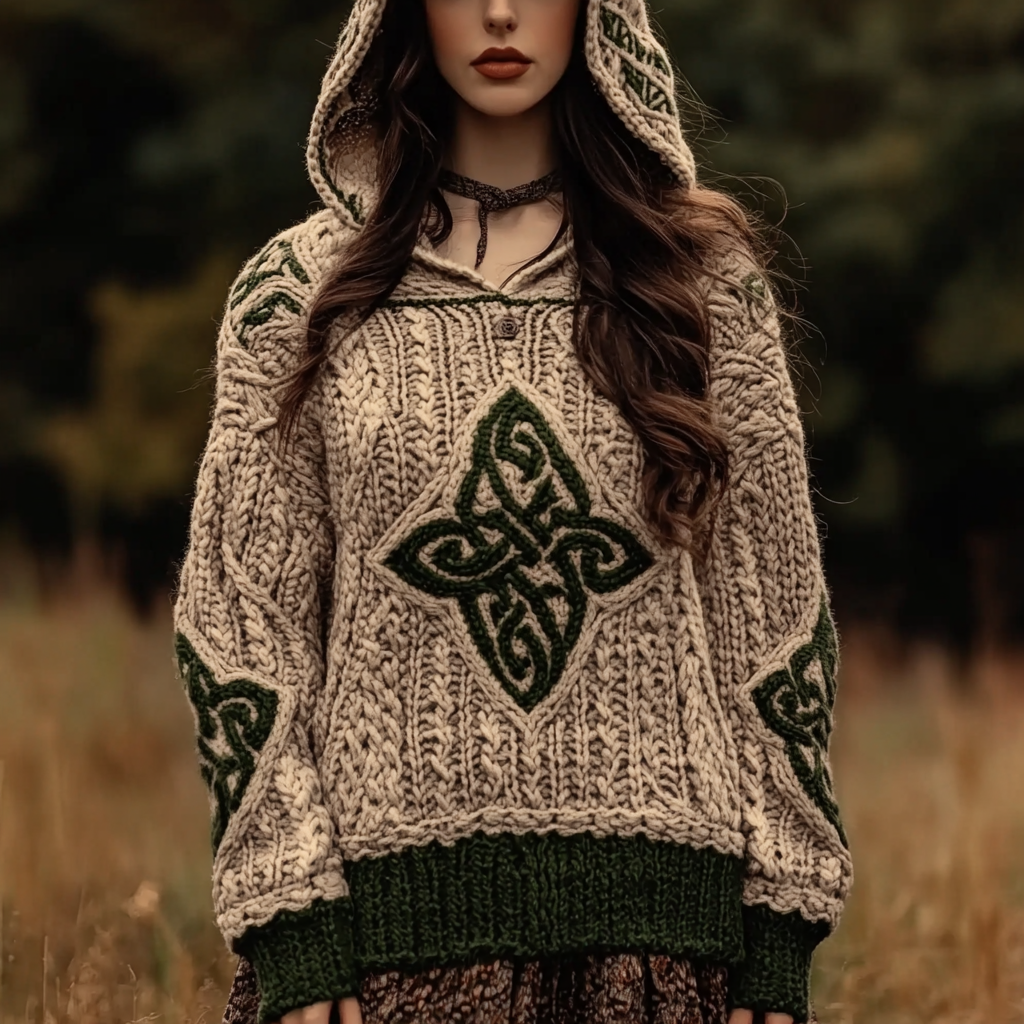 Women's Irish Pattern Jacquard Pocket Hooded Sweater elevenforest