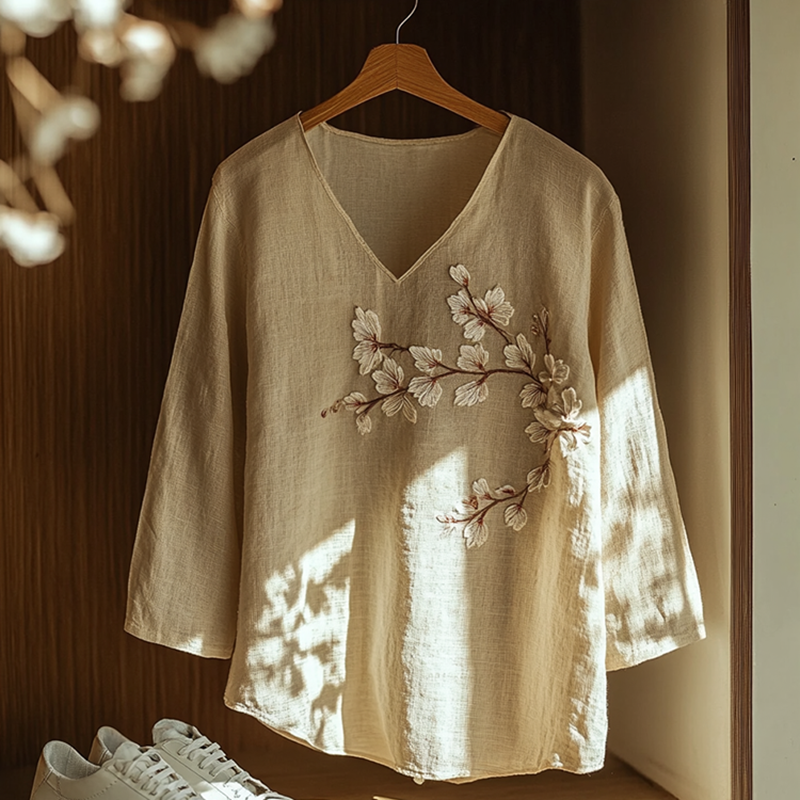 Vintage Floral Embroidery Print Cotton And Linen Blend Loose Blouse artswardrobe