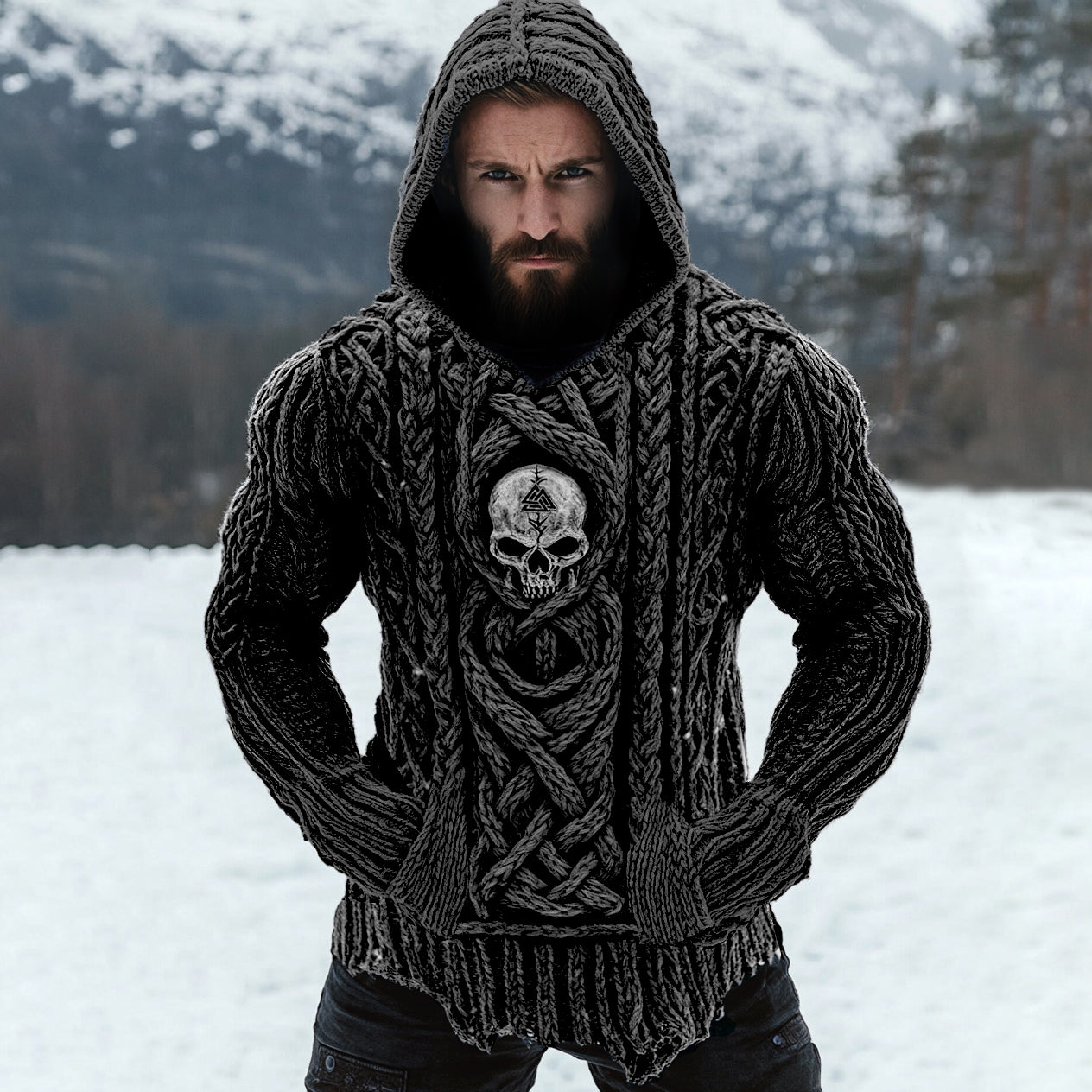Men's Viking Tribal Skull Rune Celtic Inspired Knit Hooded Sweater elevenforest