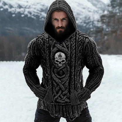 Men's Viking Tribal Skull Rune Celtic Inspired Knit Hooded Sweater elevenforest