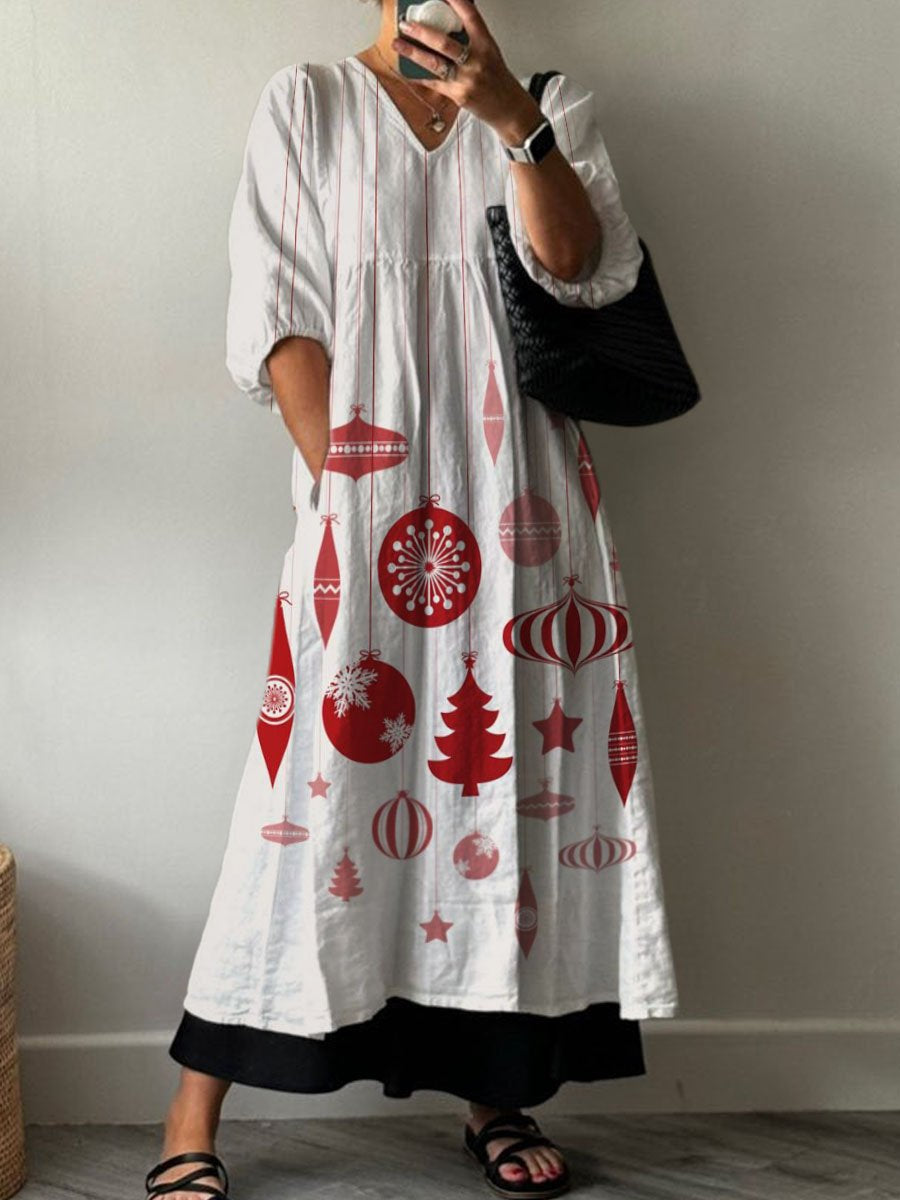Christmas Ornaments Decorative Patterns Pocket V-neck Cotton Dress