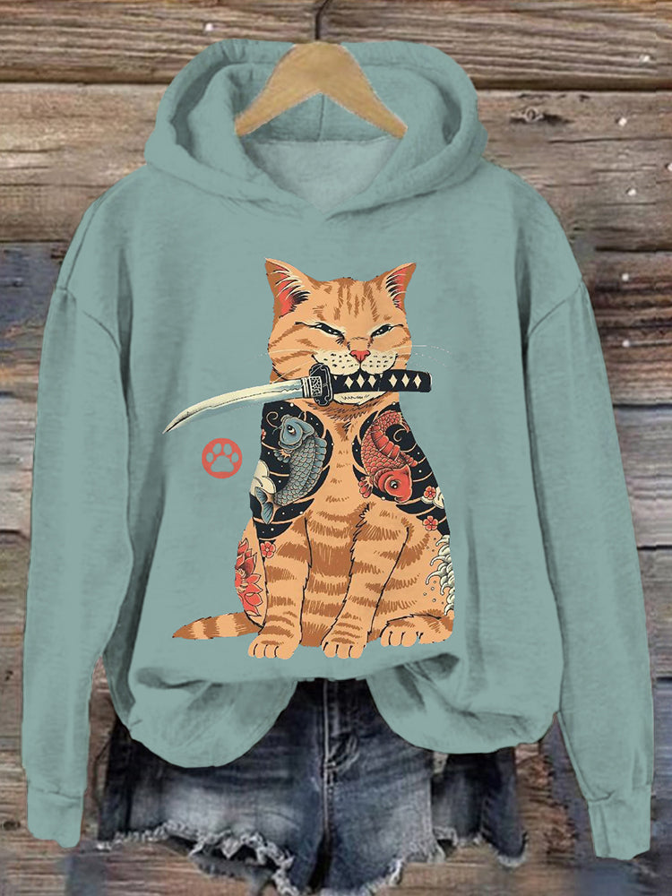 Japanese Samurai Cat Art Vintage Cozy Hoodie elevenforest