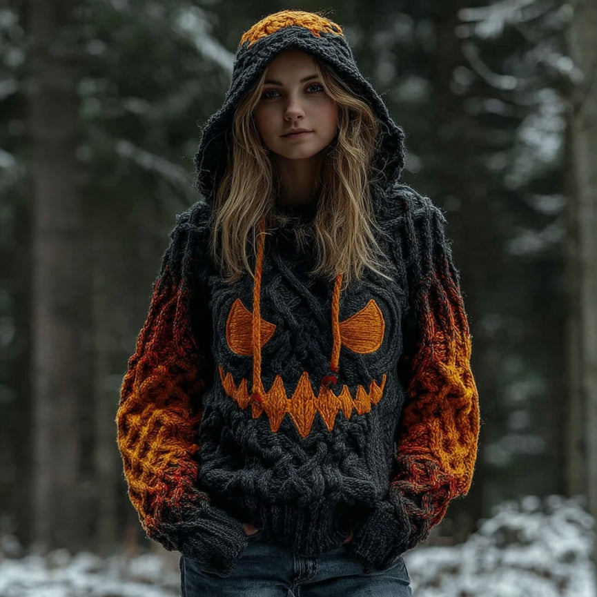Women's Halloween Spooky Pumpkin Art Gradient Vintage Cozy Knit Hooded Sweater elevenforest