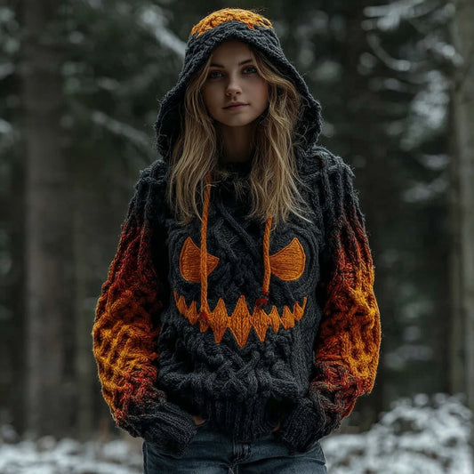 Women's Halloween Spooky Pumpkin Art Gradient Vintage Cozy Knit Hooded Sweater elevenforest