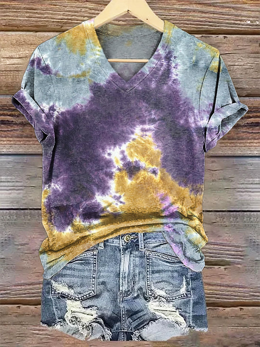 Women's Tie-Dye Art Print V-Neck Casual T-Shirt