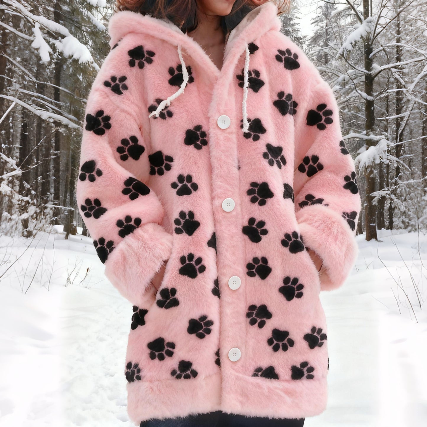 Comstylish Vintage Puppy Paw Art Cozy Knit Hooded Cardigan