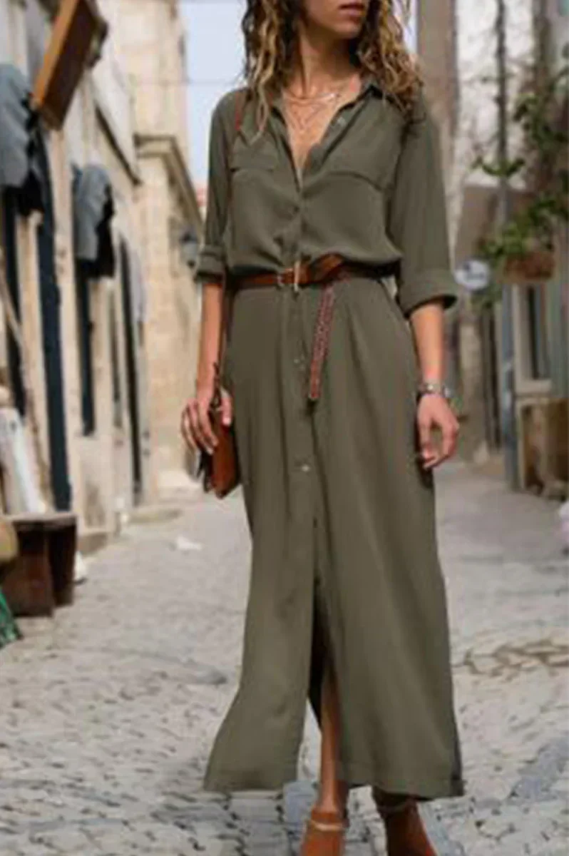 ER | Abito camicia casual con colletto risvoltato e patchwork monocromatico