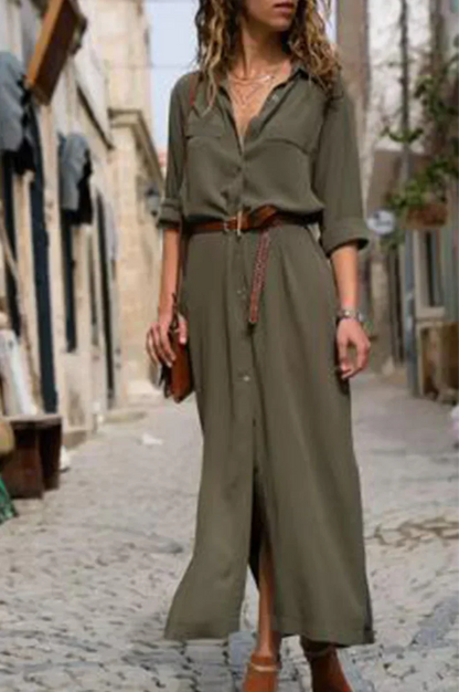 ER | Abito camicia casual con colletto risvoltato e patchwork monocromatico