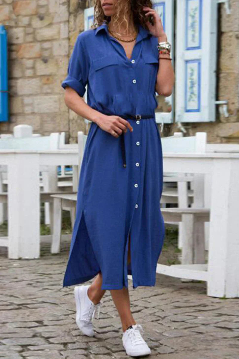 ER | Abito camicia casual con colletto risvoltato e patchwork monocromatico